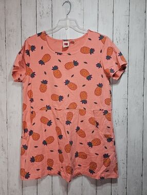 90s Red Ginger Pineapple Print Coral Cotton Knit Dress Size Large Pockets USA